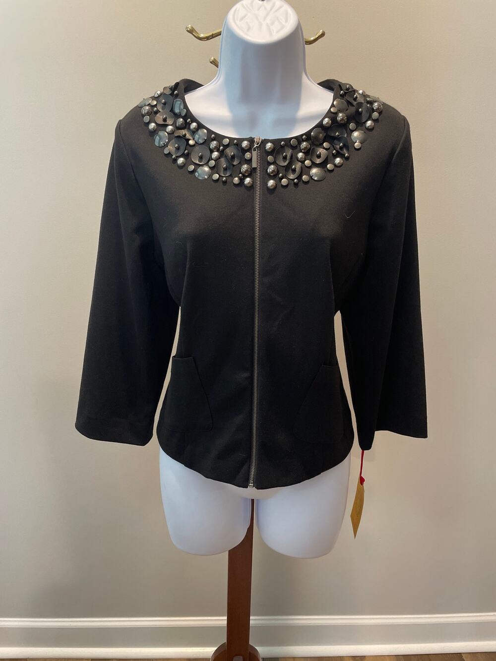 Ruby Rd Collarless Zip Blazer 10 Black Beaded Detail NWT